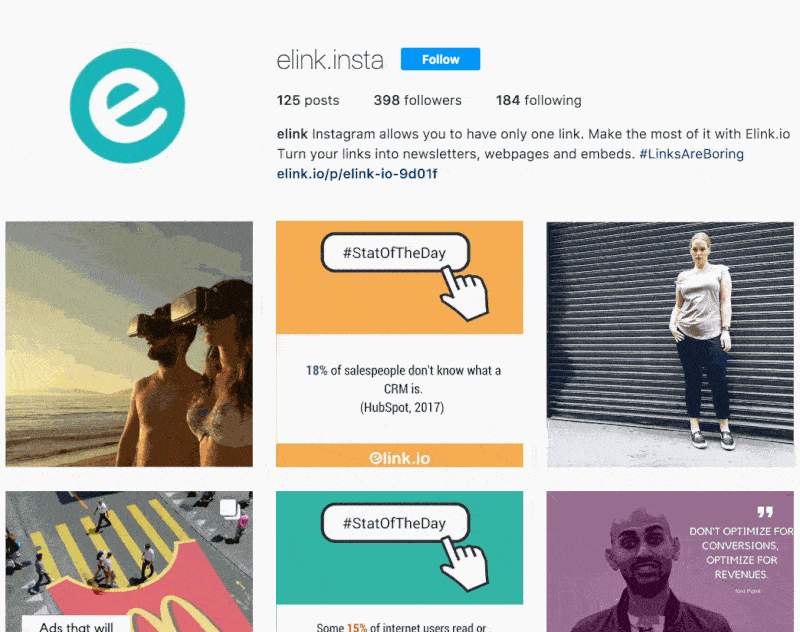 Instagram bio link example created in elink