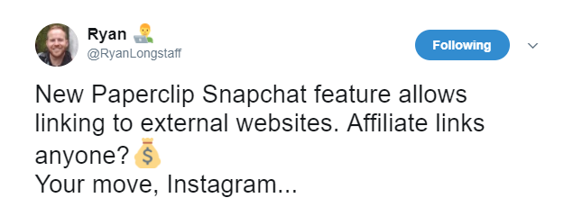 Sharing product links on snapchat paperclip