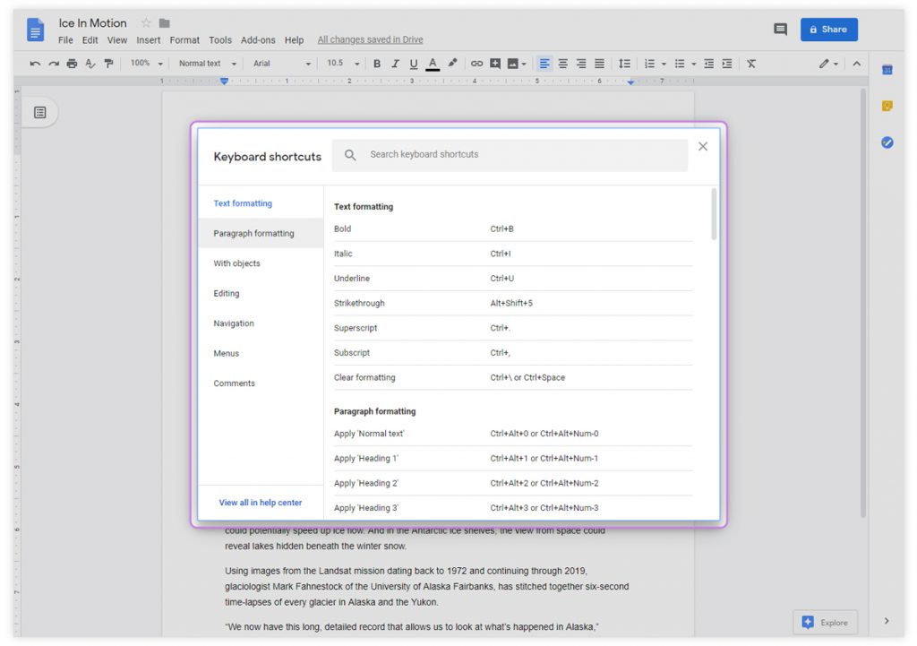 Tip on using google docs shortcuts