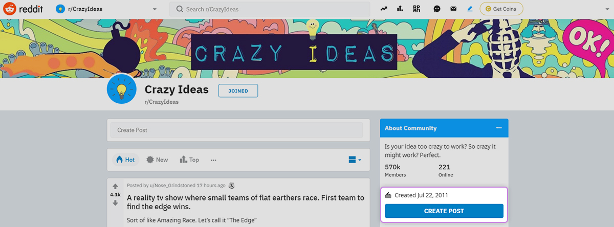 Reddit community dashboard display for creating a post