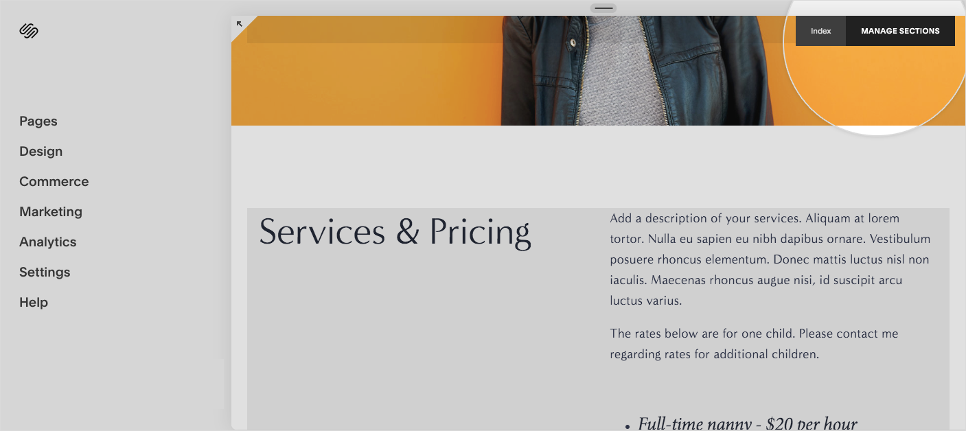 Preview of manage sections in squarespace website