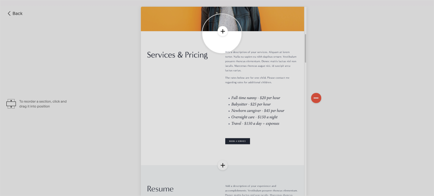 Preview of plus button in squarespace website