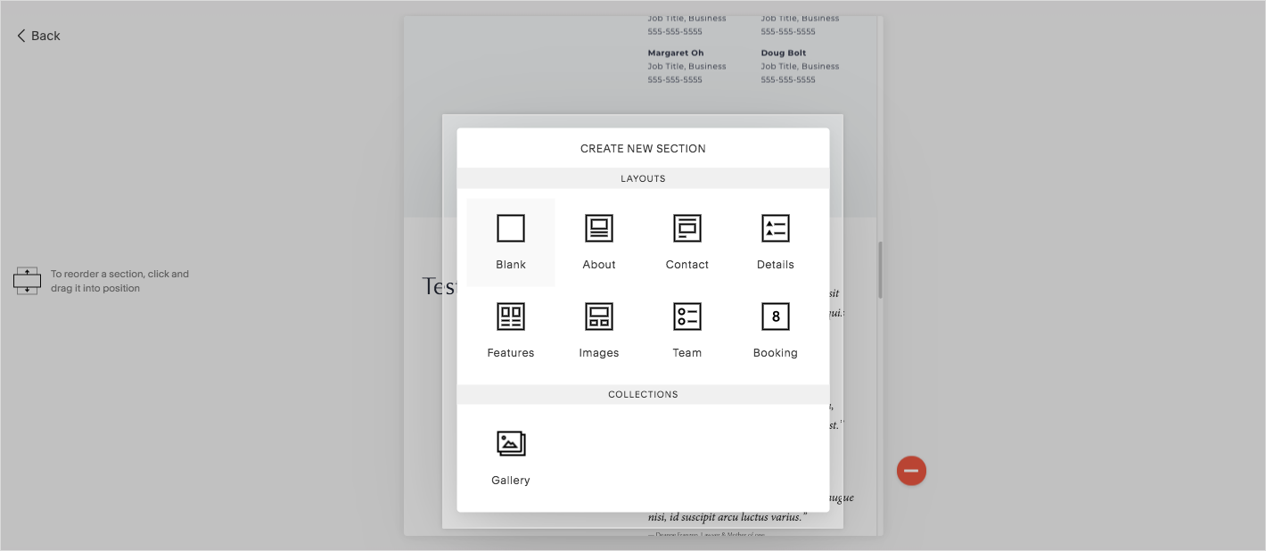 Preview of creating new sections in squarespace website