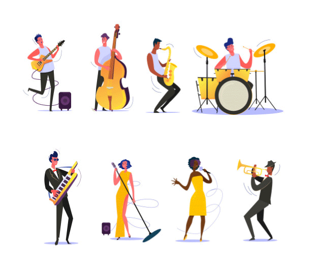 Musicians playing different music instruments