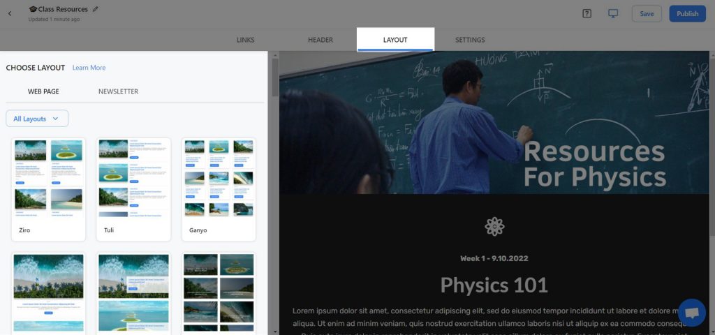 Preview of layouts available for student newsletter template