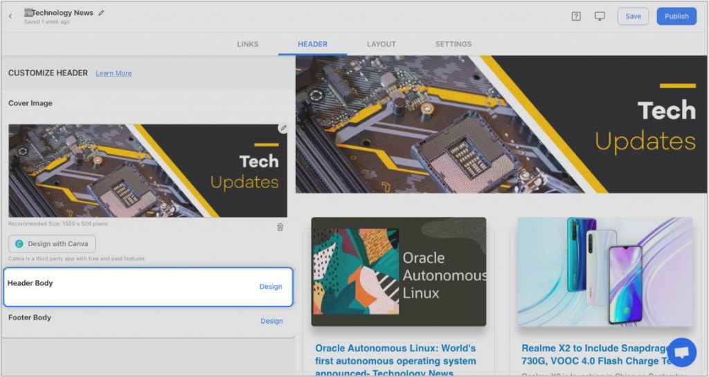 Screenshot of Selecting Header in an elink Post