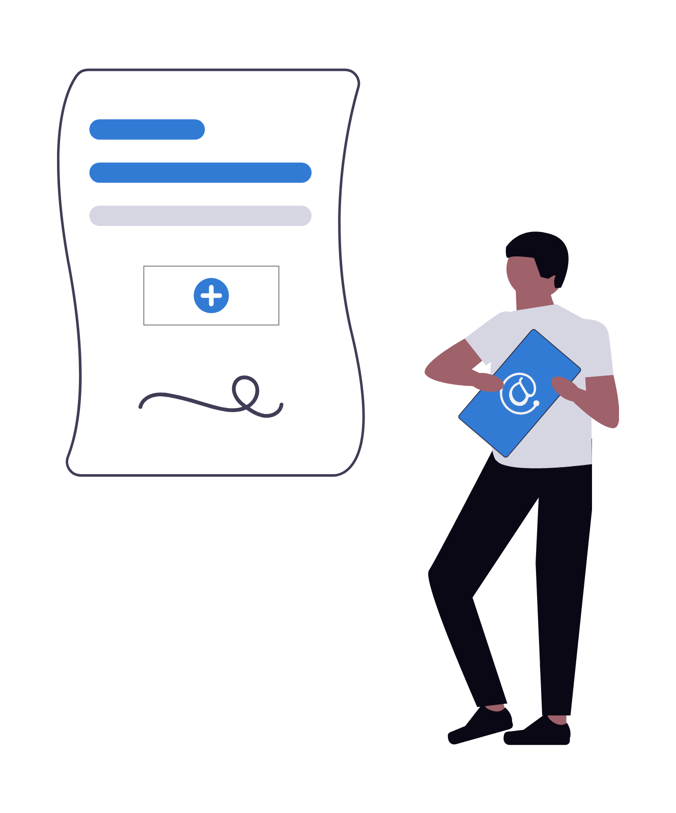 Person holding an email icon next to a document with a plus sign