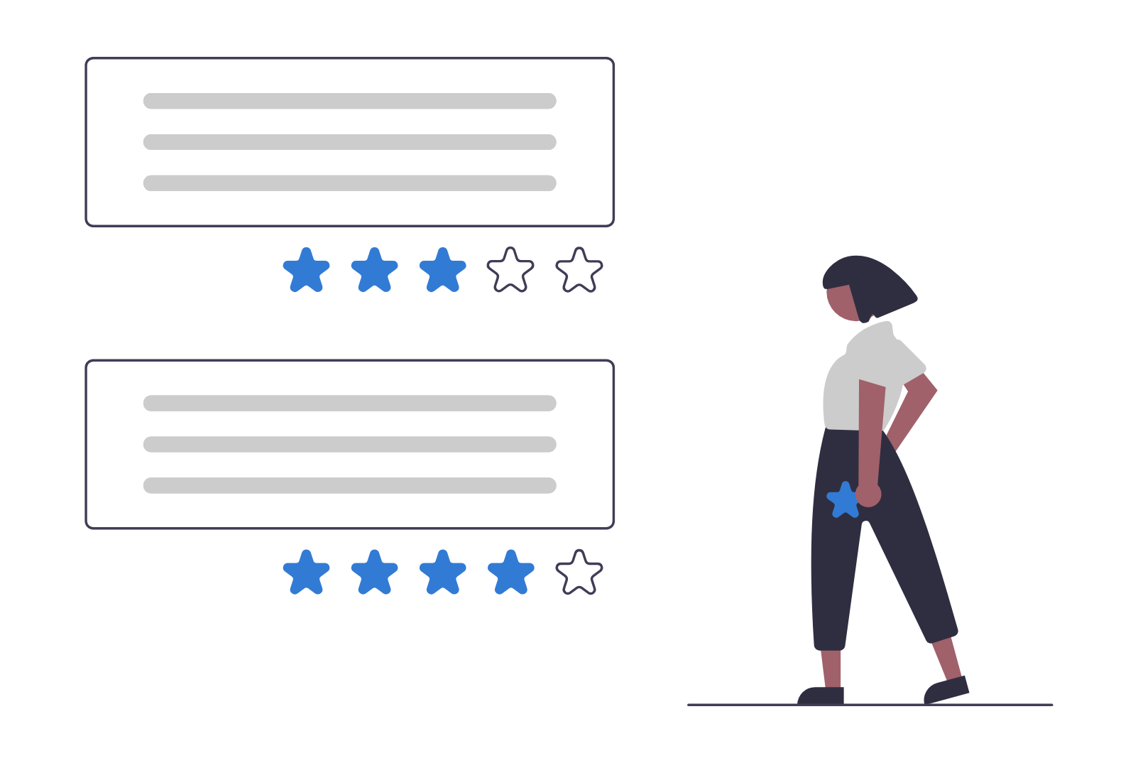 Person standing next to rating cards with star reviews