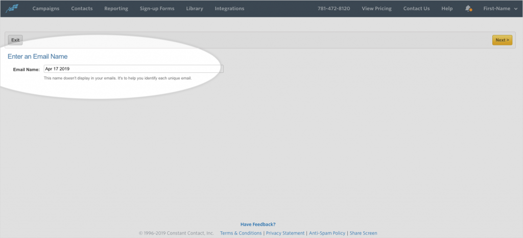 enter your email and proceed in constant contact