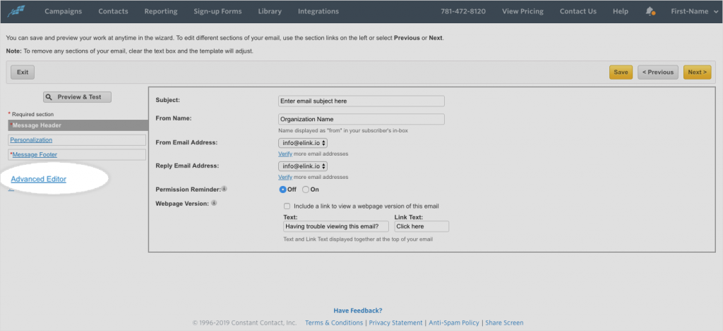 open the Advanced Editor in Constant Contact