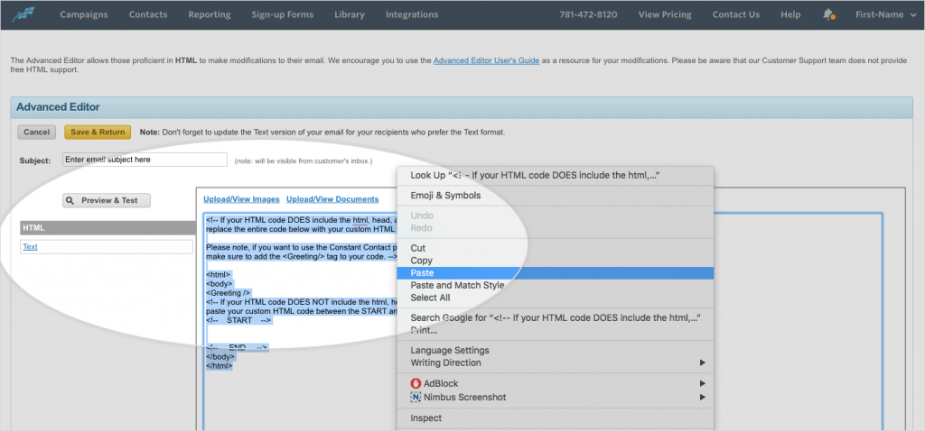Paste the HTML code in constant contact