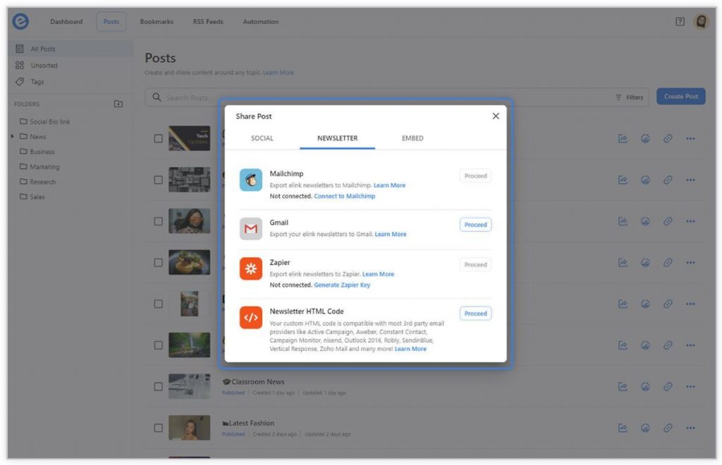 share newsletter via any third party tool