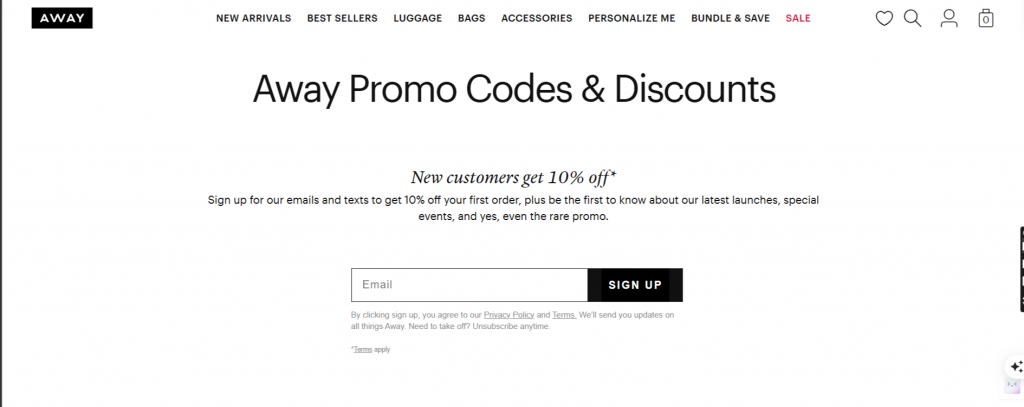 welcome discount pop-up example by Away 